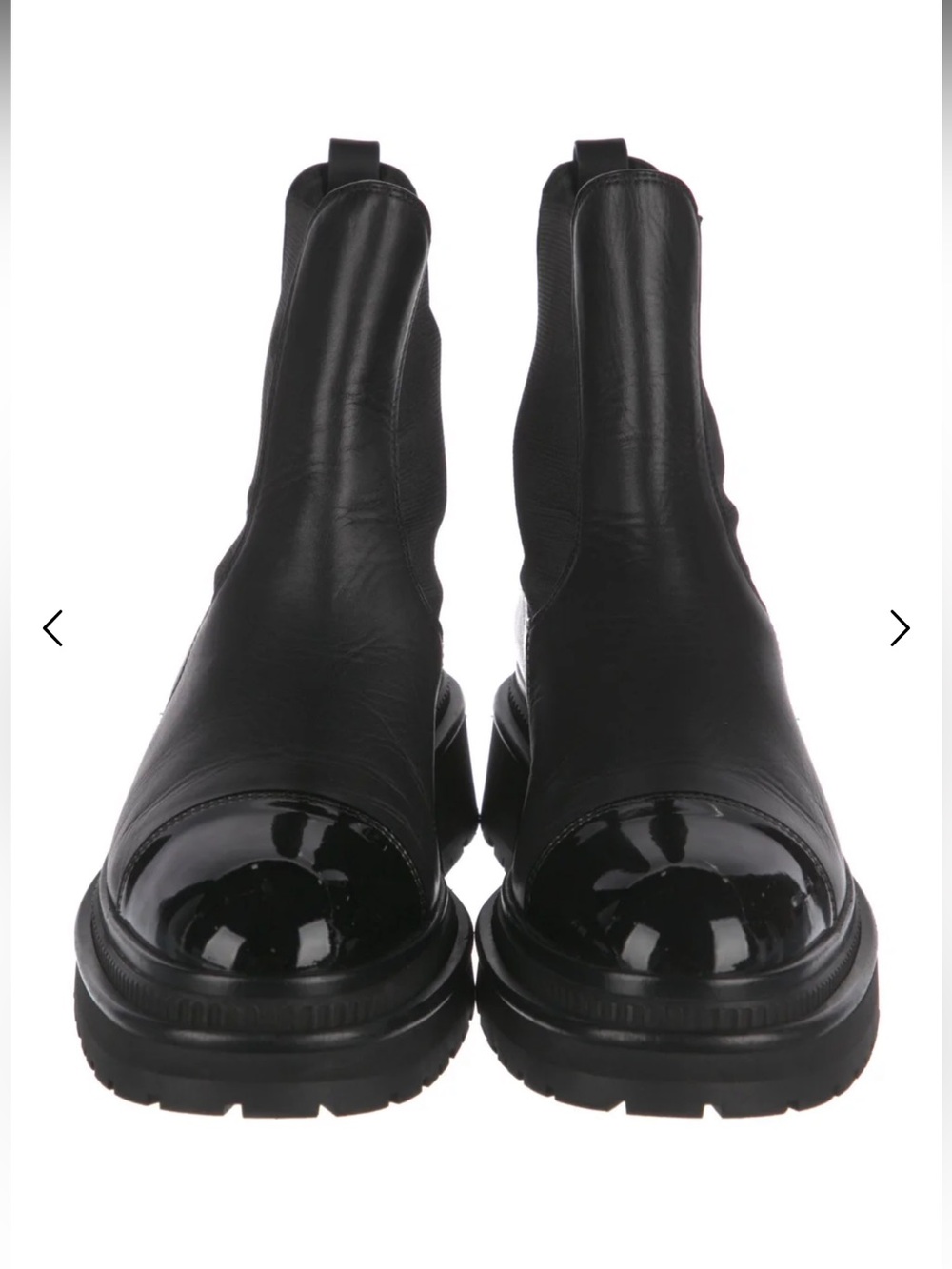 Chanel Black Leather Patent Cap Toe CC Back Ankle Chelsea Boots 39.5 - Picture 3 of 5